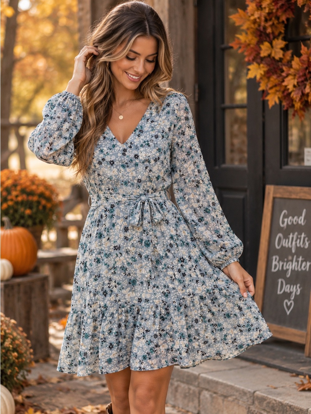 Ann Taylor Factory Floral Long Sleeve Fit & Flare Dress Size 8 Blue Teal